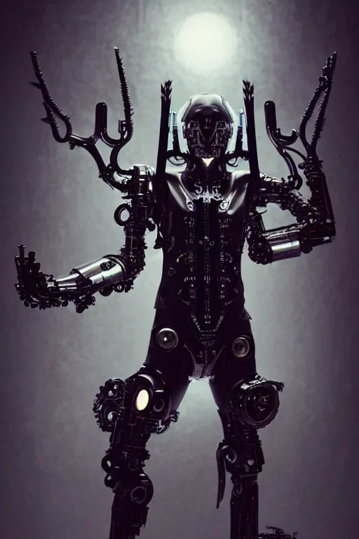 Image similar to dark futuristic cyborg with metal horns, chrome motorcycle parts, full body, diffuse lighting, fantasy, intricate, elegant, highly detailed, lifelike, photorealistic, digital painting, artstation, illustration, concept art, smooth, sharp focus, art by John Collier and Albert Aublet and Krenz Cushart and Artem Demura and Alphonse Mucha