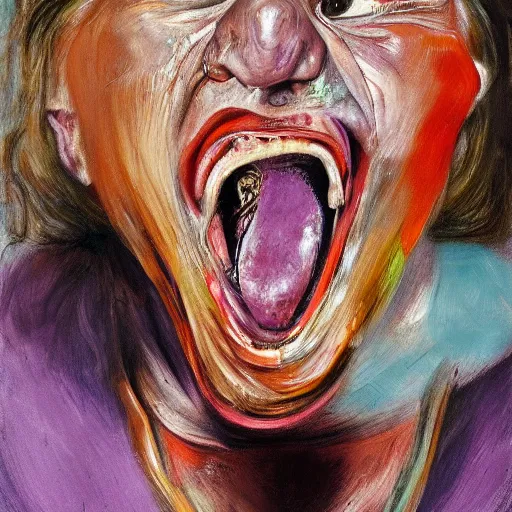 Prompt: high quality high detail painting of a female screaming by lucian freud and jenny saville and francis bacon, hd, anxiety, turquoise and orange and purple and pink and red