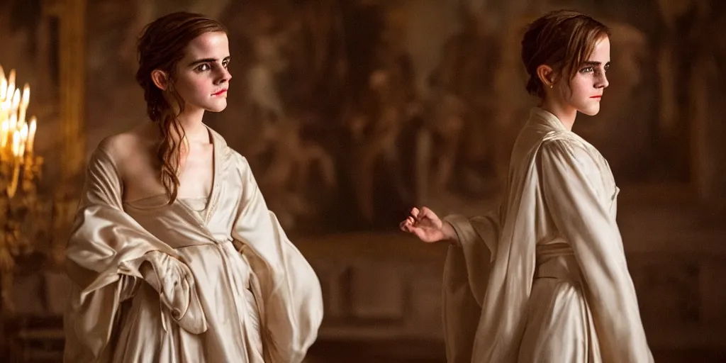 Image similar to portrait Emma Watson flowing silk robes baroque room cinematic lighting Stanley Kubrick Barry Lyndon canon 5d mk4