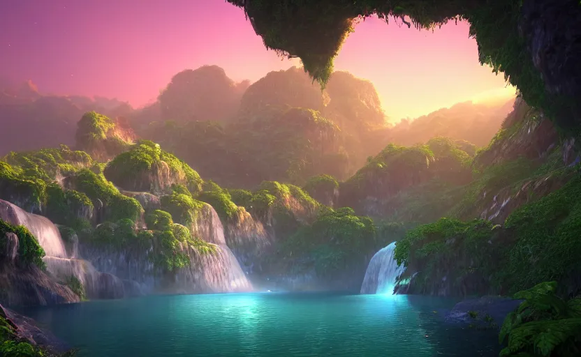 Prompt: a beautiful and stunning digital render of a humongous diamond cave, vines, haze, waterfall, volumetric lighting, photorealistic, red, green, blue sky, sunset, unreal engine 5, ultra detail, trending on artstation