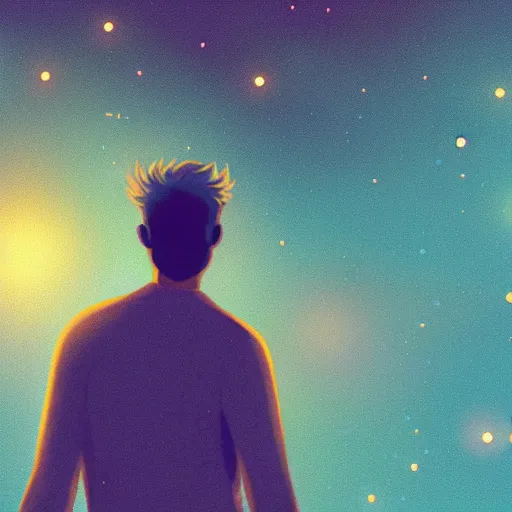 Image similar to man surrounded by fireflies, artstation