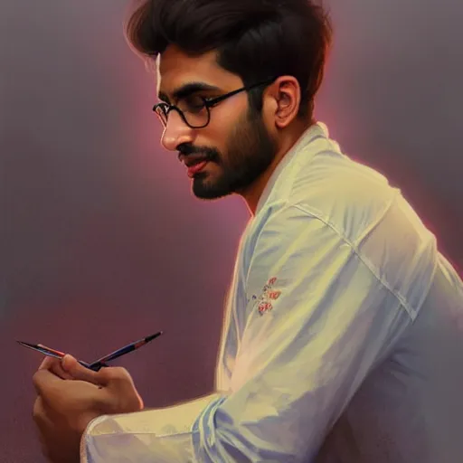 Image similar to Anxious good looking pale young Indian doctors wearing American clothes at the airport, portrait, elegant, intricate, digital painting, artstation, concept art, smooth, sharp focus, illustration, art by artgerm and greg rutkowski and alphonse mucha