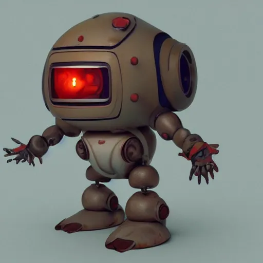 Image similar to a small chubby bot, smooth panelling, one large golden eye intricate detail, with damaged rusty arms, pokemon broken antenna, recycled, floating, white studio, ambient light, in the style of pokedstudios, belnder, octane render, 8 k,