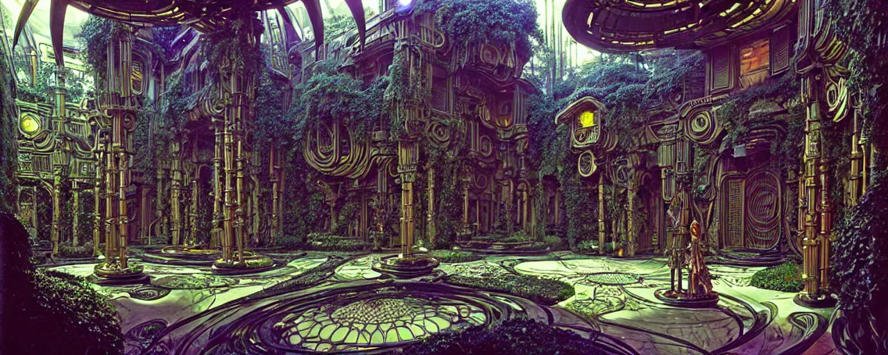 Image similar to a luxurious scifi futuristic victorian garden courtyard by killian eng, moebius, philippe druillet