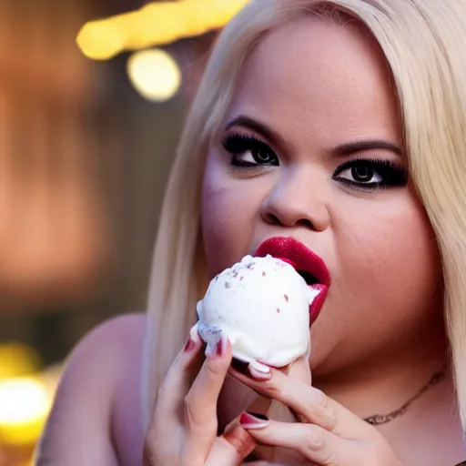 Image similar to trisha paytas eating ice cream, shallow depth of field, bokeh, anamorphic lens flare, 8k, hyper detailed, 35mm