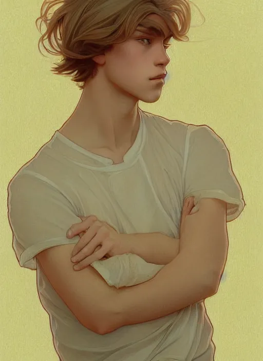 Prompt: pretty young man with shoulder length shiny shimmering golden blond hair, head down, shy, sad, scared, path traced, highly detailed, high quality, digital painting, by studio ghibli and alphonse mucha, leesha hannigan, disney