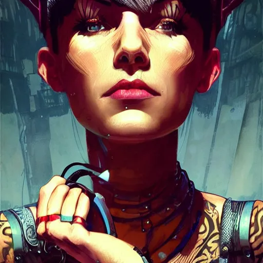 Image similar to character portrait of a retro punk woman in a pixie cut, shaved side of head, dystopian cyberpunk steampunk soviet mood, intricate, wild, highly detailed, digital painting, artstation, upper body, concept art, smooth, sharp focus, illustration, art by artgerm and greg rutkowski and alphonse mucha