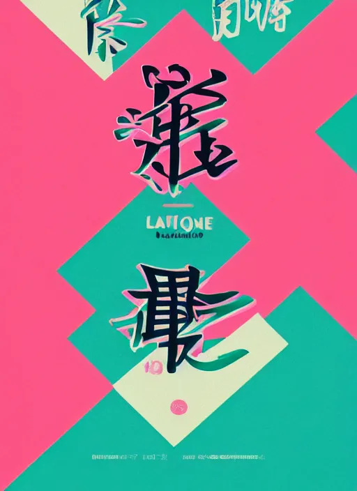 Image similar to poster design with duochrome vintage typographic Japanese katakana, teal and pink colour palette, layout design, illustrator vector graphics
