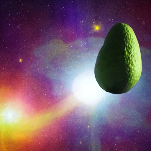 Prompt: 3D render of a planet shaped like an avocado, floating in space surrounded by stars