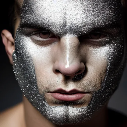 Image similar to a close up portrait of a beautiful athletic young persian male with his face covered in silver leaf , photographed by erwin olaf, artistic