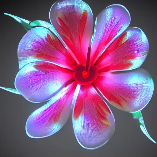 Image similar to a shiny, metallic, futuristic hibiscus flower, LED light filaments, unreal engine
