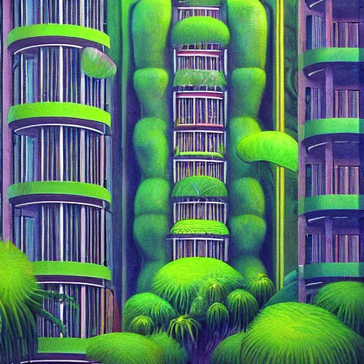 Prompt: a solar punk lush giant plants city, modern architecture by ricardo bofill, city of the jungle, by enrich, victorenrich, galactic nebula, surrealist oil painting