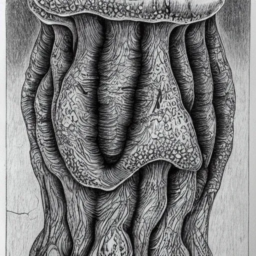 Prompt: detailed drawing of a white oyster mushroom fruiting from a tree trunk, psychedelic colors, tye dye, escher, dali