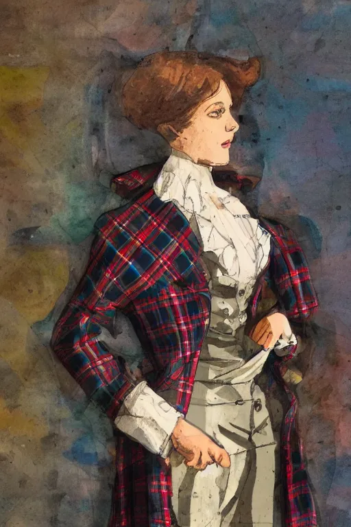 Image similar to a scene depicting a elegant character wearing a voluminous suit made from tartan and transparent plastic, blurred, muted colors, acrylic, super detailed, soft light