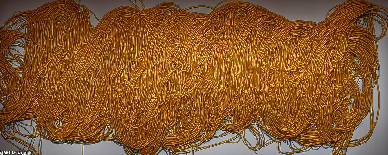 Image similar to famous sculpture made of spaghetti in ny museum of modern art, in the style of jeff koons, kodachrome film,, retro