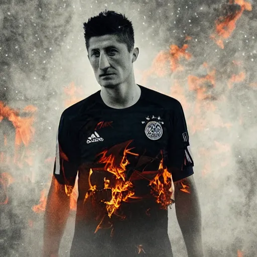 Image similar to robert lewandowski in front of a burning christian cross, night, forest, dark, black