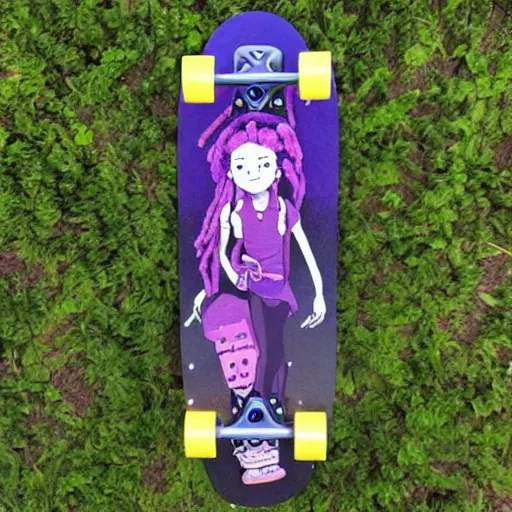 Image similar to black woman with purple dreads longboarding in space in the style of ghibli