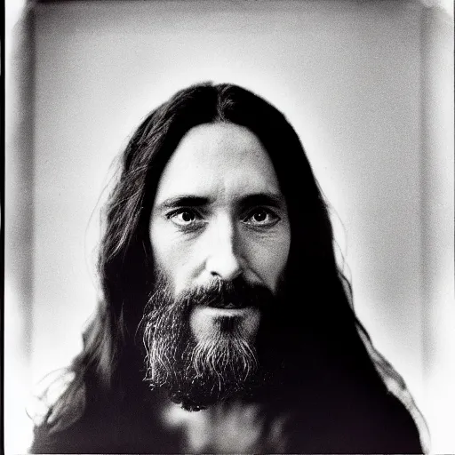 Image similar to Jesus moments after the DMT hallucinations began. Close-up studio portrait photo by Annie Leibovitz. Tri-x.