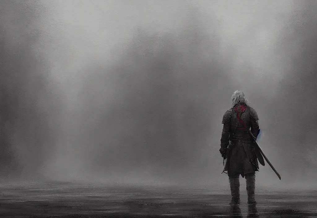 Image similar to rhaegar targaryen, foggy, rain, gloomy, mysterious, artstation, jakub rozalski, high detail, dramatic lighting