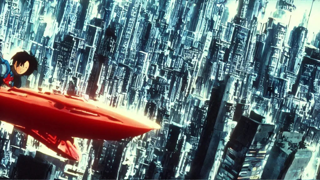 Image similar to a cell shaded cartoon movie still from akira ( 1 9 8 8 ) showing a spaceship from independence day ( 1 9 9 6 ) in the air above a city. very dull muted colors, hd, 4 k, hq