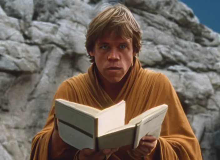 Prompt: screenshot of Luke Skywalker reading the ancient Jedi textbooks, outside on a rocky jedi temple, famous scene from the force awkaens, 1980s film directed by Stanley Kubrick cinematic lighting, moody cinematography, with anamorphic lenses, crisp, detailed portrait, 4k image