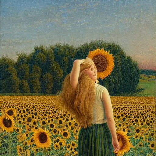 Image similar to a girl in amazing tall sunflower field, her hair flowing down, subtle, intricate details, real masterpiece, oil on canvas, by johfra bosschart, felice casorati