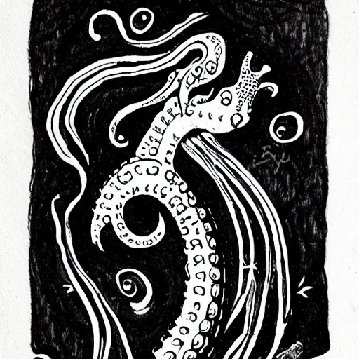 Image similar to a squid friends of a seahorse. black ink on paper tattoo design. in the style of the voinych manuscript. complete. corner to corner