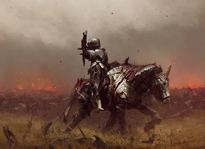 a beautiful wide angle view of an exhausted knight in Stable