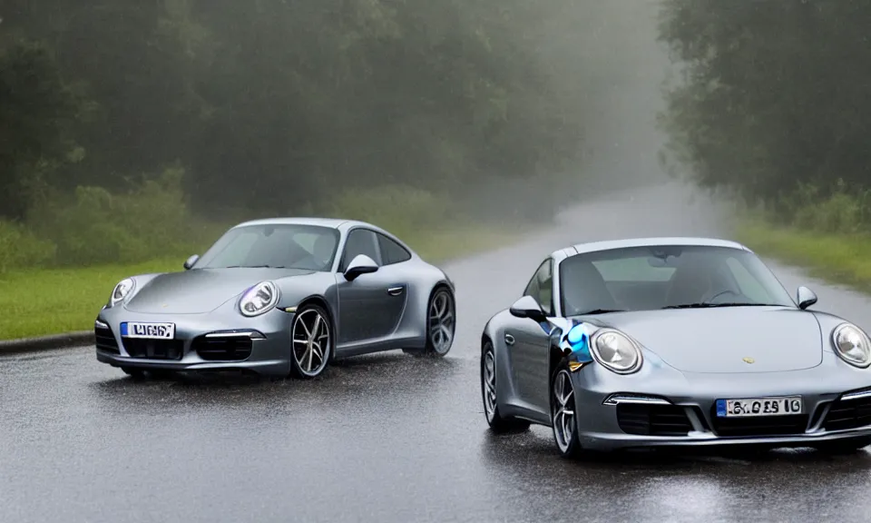 Prompt: photo of a porsche 9 1 1 driving fast in the rain