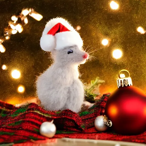 Prompt: cute fluffy mouse sitting by a christmas tree with lights and ornaments and snow detailed painting 4 k