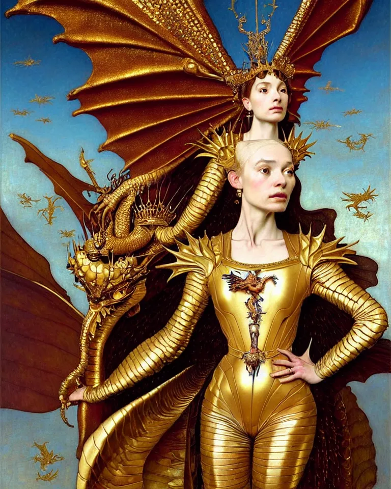Prompt: portrait of a beautiful queen in winged golden armor decorated by opal stone, with a little dragon on her shoulder, full-length, oil painting in a renaissance style , very detailed, out of focus background, painted by Caravaggio, Greg rutkowski, Sachin Teng, Thomas Kindkade, Alphonse Mucha, Norman Rockwell, Tom Bagshaw