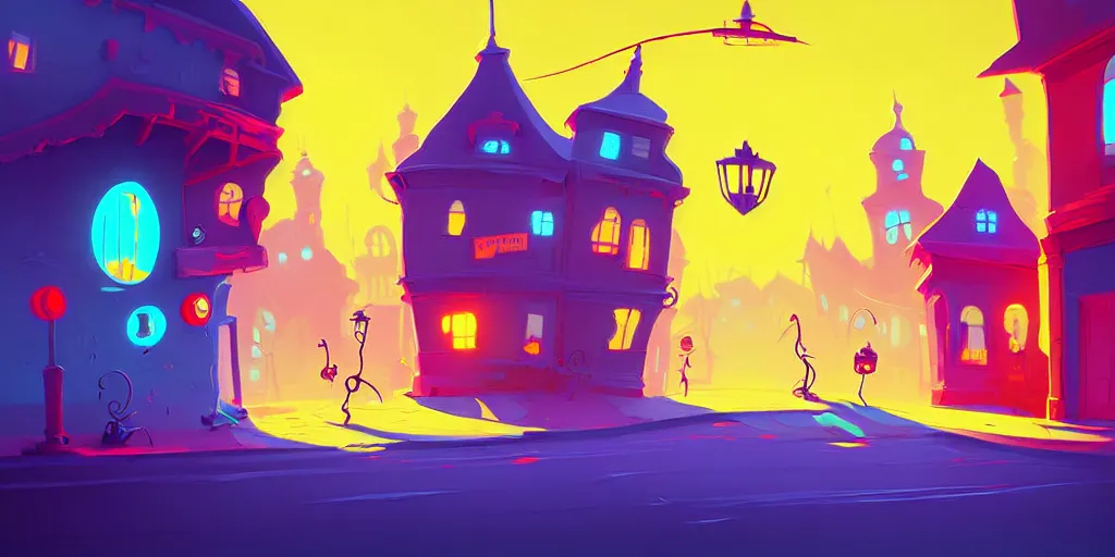 Image similar to curved perspective digital art of a summer small town street from nightmare before christmas by anton fadeev