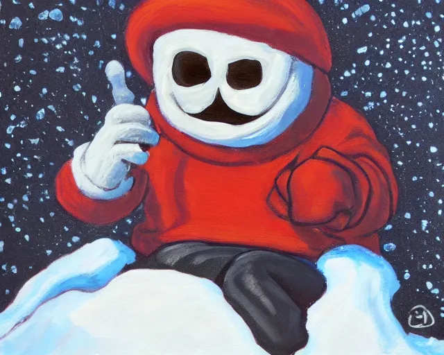 Image similar to oil painting of sans sitting in a mountain during winter