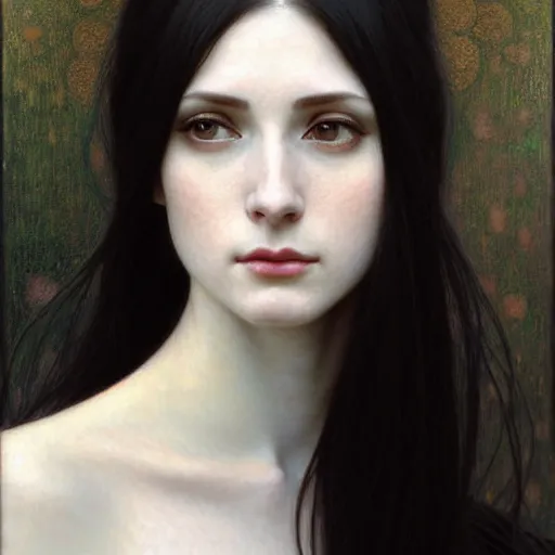 Image similar to Portrait of a beautiful, pale skin, female with long black hair, (dark brown narrow-set eyes), faint smile, elegant clothing, photorealistic, highly detailed, realistic, artstation, smooth, sharp focus, art by Klimt, artgerm, Greg Rutkowski and Alphonse Mucha natural light, Adobe Lightroom, photolab, Affinity Photo, PhotoDirector 365