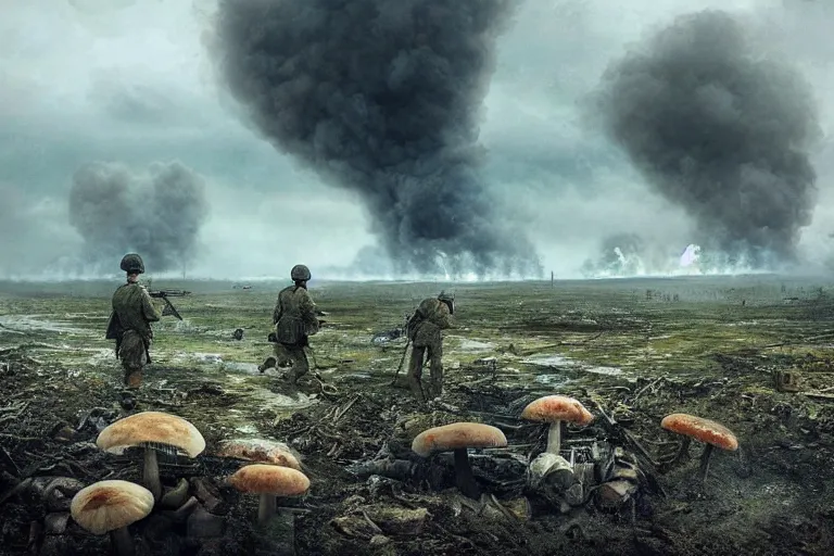 Image similar to desolate battleground, soldiers laying on the ground, thick dark smoke, vehicles on fire, heavy rain from thick clouds, mushroom cloud in the background, bleak, melancholy atmosphere, 4k artwork by Gregory Crewdson and Grzegorz Domaradzki and Ivan Shishkin and Jakub Rozalski