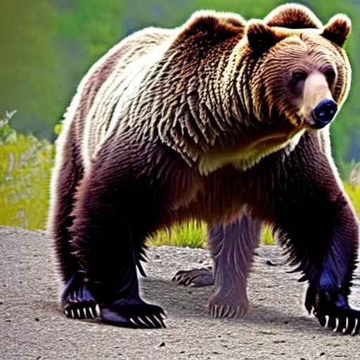 Image similar to grizzly bear holding a mounted minigun
