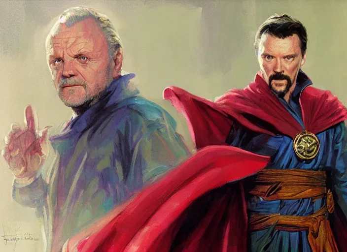 Prompt: a highly detailed beautiful portrait of anthony hopkins as dr strange, by gregory manchess, james gurney, james jean