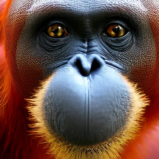 Prompt: close-up high-definition photograph of an orangutan face with light blue eyes. In each eye is a galaxy. 4k, 8k