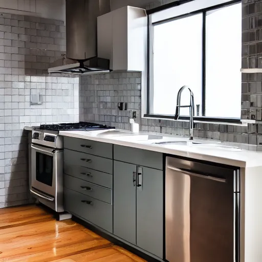Prompt: remodeled kitchen in chrome, plumberpunk brutalism