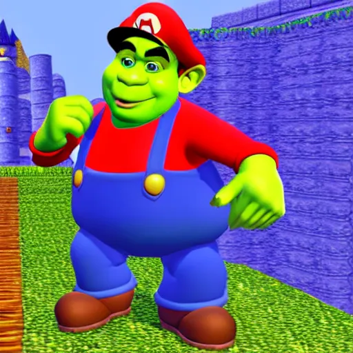 Image similar to shrek as a character in super mario 6 4