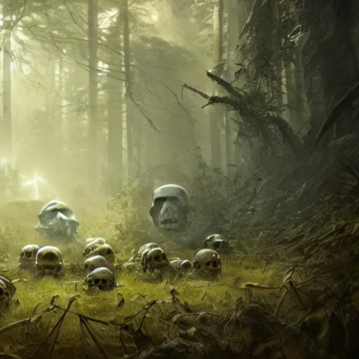 Image similar to skulls of long gone monsters cover the forest floor, digital art by Greg Rutkowski, trending on artstation, octane render, 4k wallpaper, sunlight, volumetrics