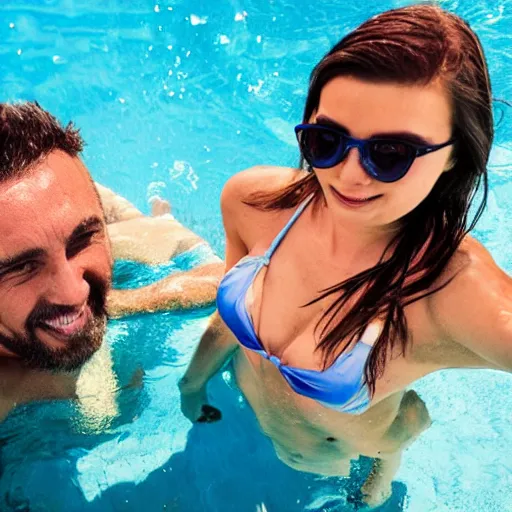 Prompt: photo of a 4 0 year old man that looks young for his age dating a very attractive 2 2 year old woman wearing a bikini. they are swimming.