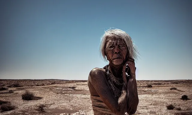 Image similar to medium shot of a nondescript crying ancient dried up Danu, peaceful, facing the camera and standing in front of a dried up river in a desolate land, dead trees, blue sky, hot and sunny, highly-detailed, elegant, dramatic lighting, artstation, 4k, cinematic landscape, photograph by Elisabeth Gadd