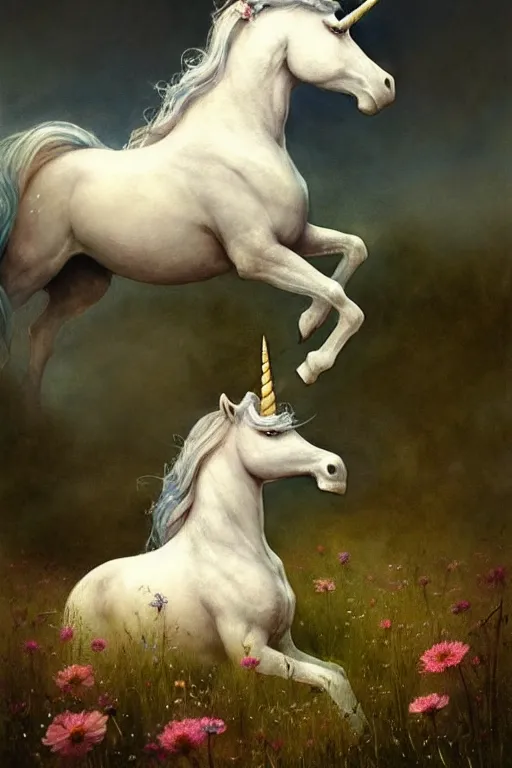 Image similar to a unicorn on the flowery meadow | esoteric symbolism | jean - baptiste monge, esao andrews, bastien lecouffe - deharme, tim jacobus, ken currie | ultra - detailed realism, soft cinematic lighting, hi - fructose, artstation, high - quality, ink watercolors wes anderson poster art