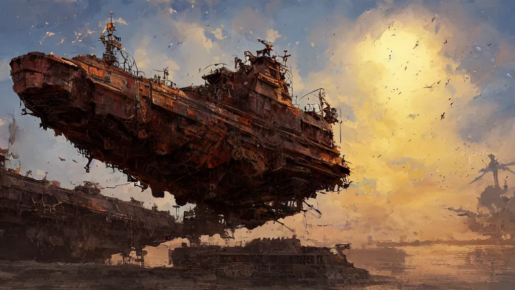 Image similar to A flying rusty ship in the evening sky, intricate, detailed, oil on canvas, concept art, by Ian McQue