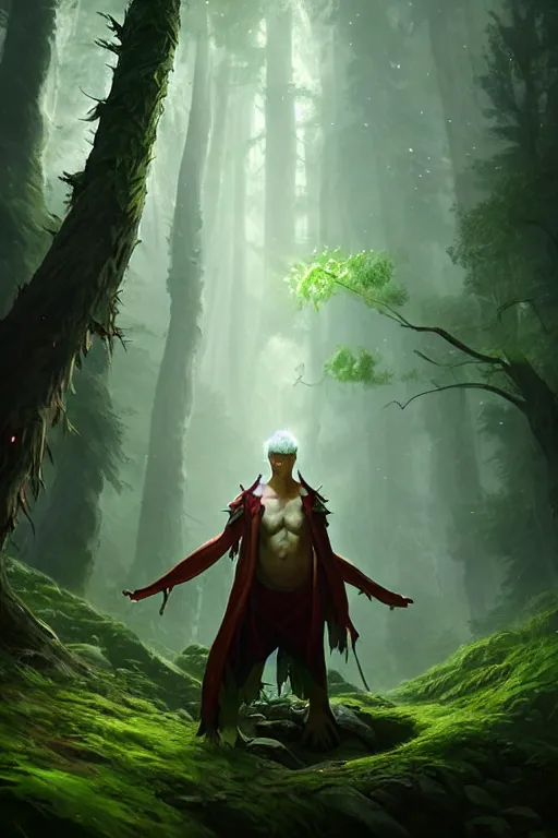 Prompt: a nature elemental wizard, forest background, colorful magic, male, epic, white skin, young, sharp, concept art, digital art, dynamic lighting, unreal engine, octane, in the styles of greg rutkowski and svetlin velinov