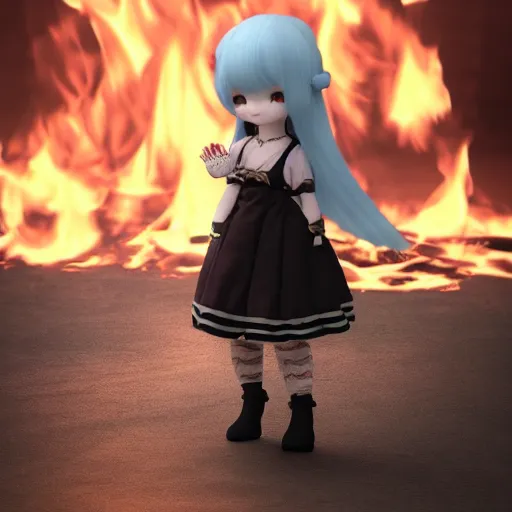 Image similar to cute fumo plush of a girl with the fire of the world in her hands, caustics, vray