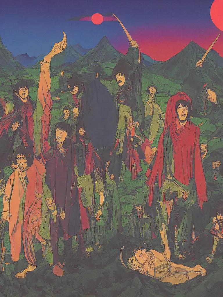 Prompt: an image of the beatles as a characters from the lord of the rings, taking mind altering drugs, a blotter paper of lsd acid and dreaming psychedelic hallucinations in the vast mordor landscape, by kawase hasui, moebius, edward hopper, colorful flat surreal design, dramatic lighting, hd, 8 k, artstation