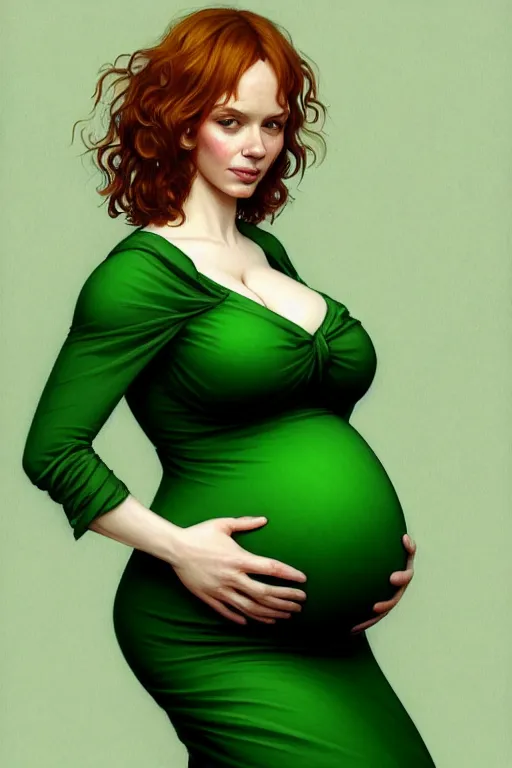 Prompt: pregnant christina hendricks in a green dress, realistic portrait, symmetrical, highly detailed, digital painting, artstation, concept art, smooth, sharp focus, illustration, cinematic lighting, art by artgerm and greg rutkowski and alphonse mucha