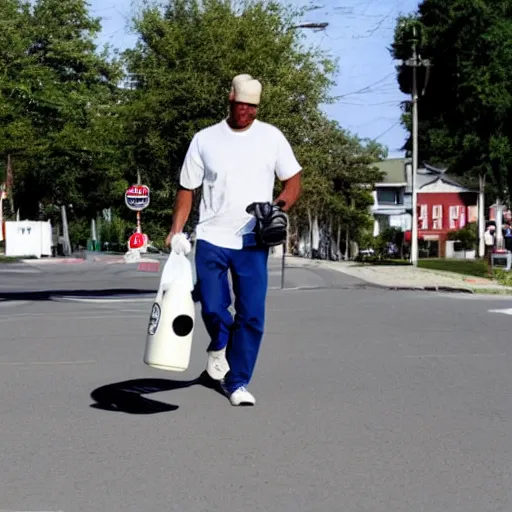 Image similar to white man walking down the street with a gallon of milk